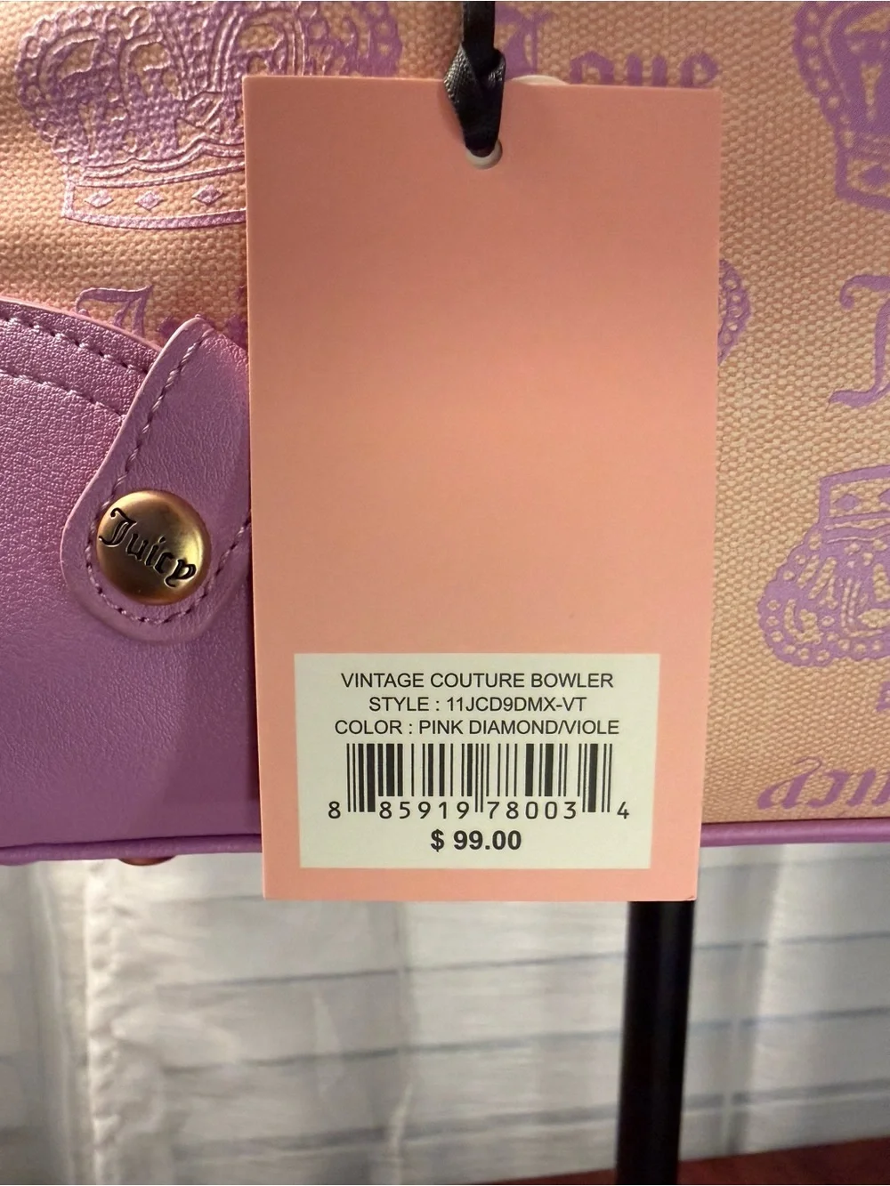 NWT Juicy Couture Pink Diamond/Violet Vintage Couture Bowler with Gold Bow Charm